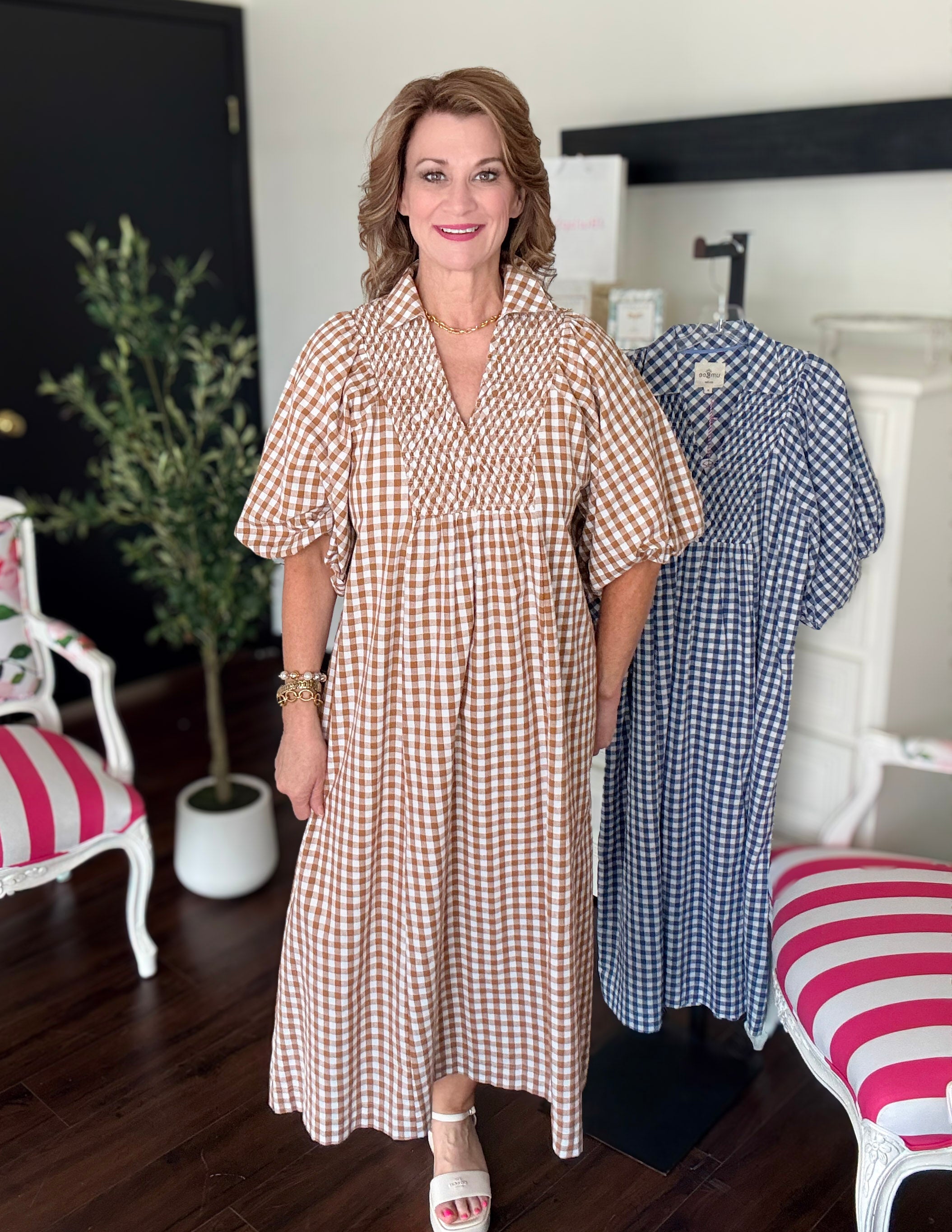 The Audrey Gingham Midi Dress-Brown