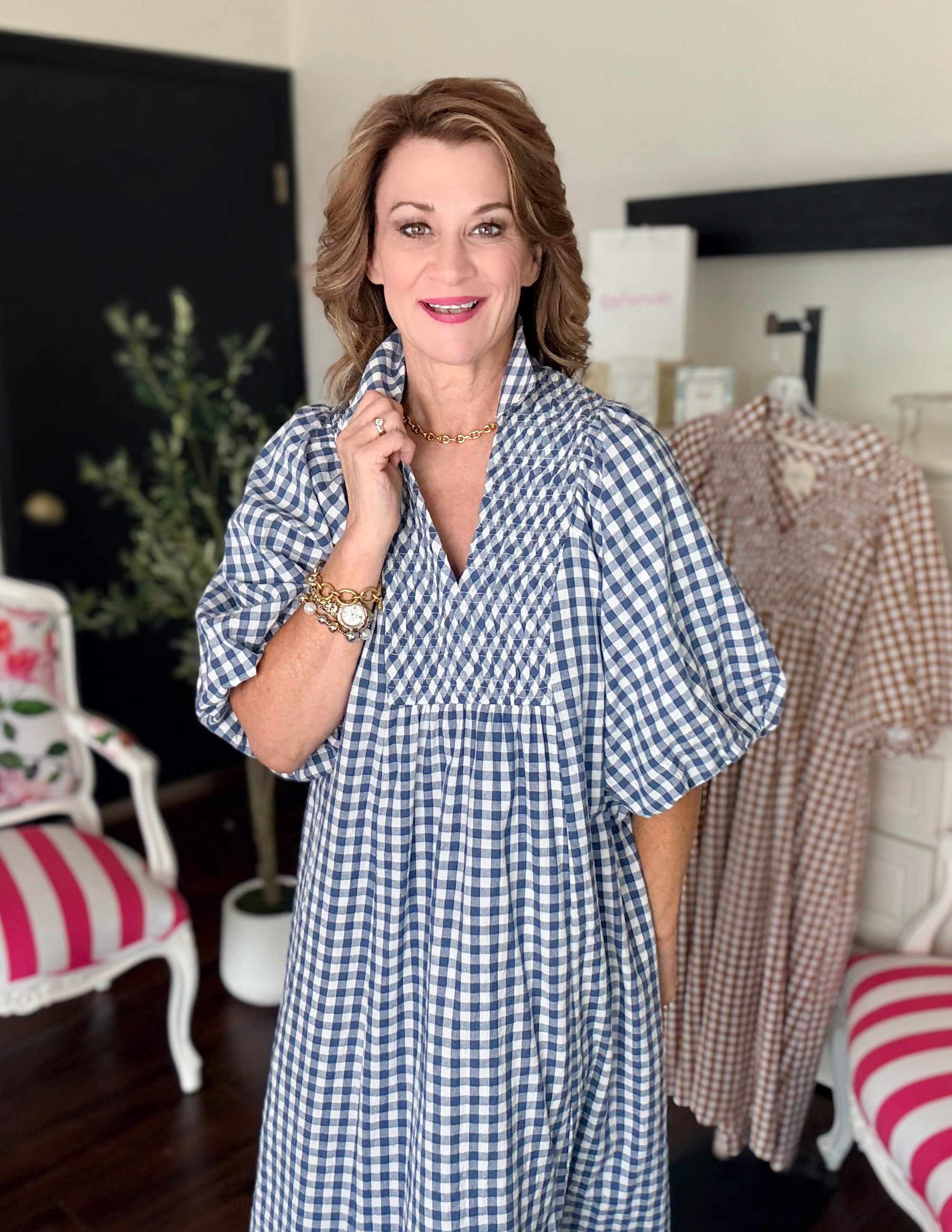 The Audrey Gingham Midi Dress-Denim Blue