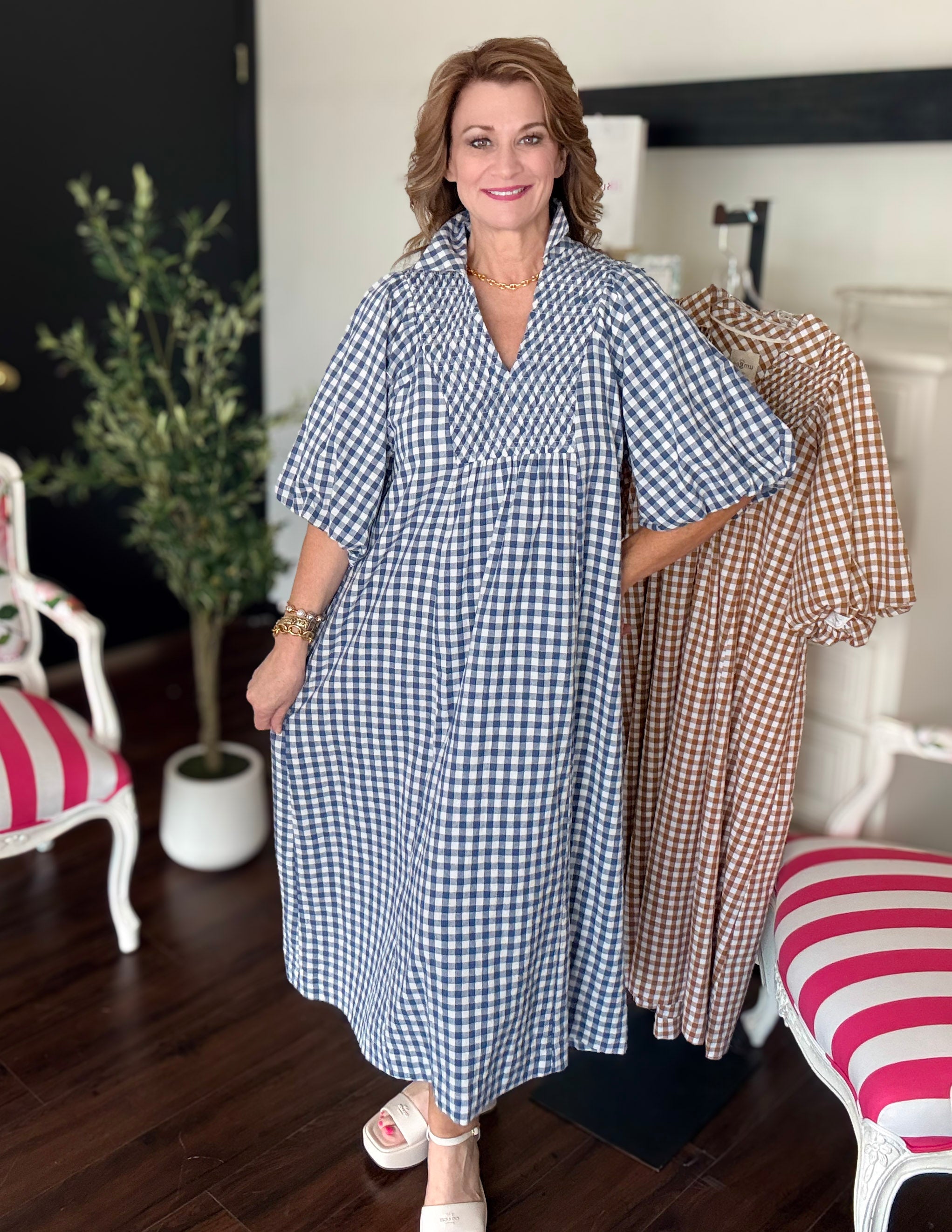 The Audrey Gingham Midi Dress-Denim Blue