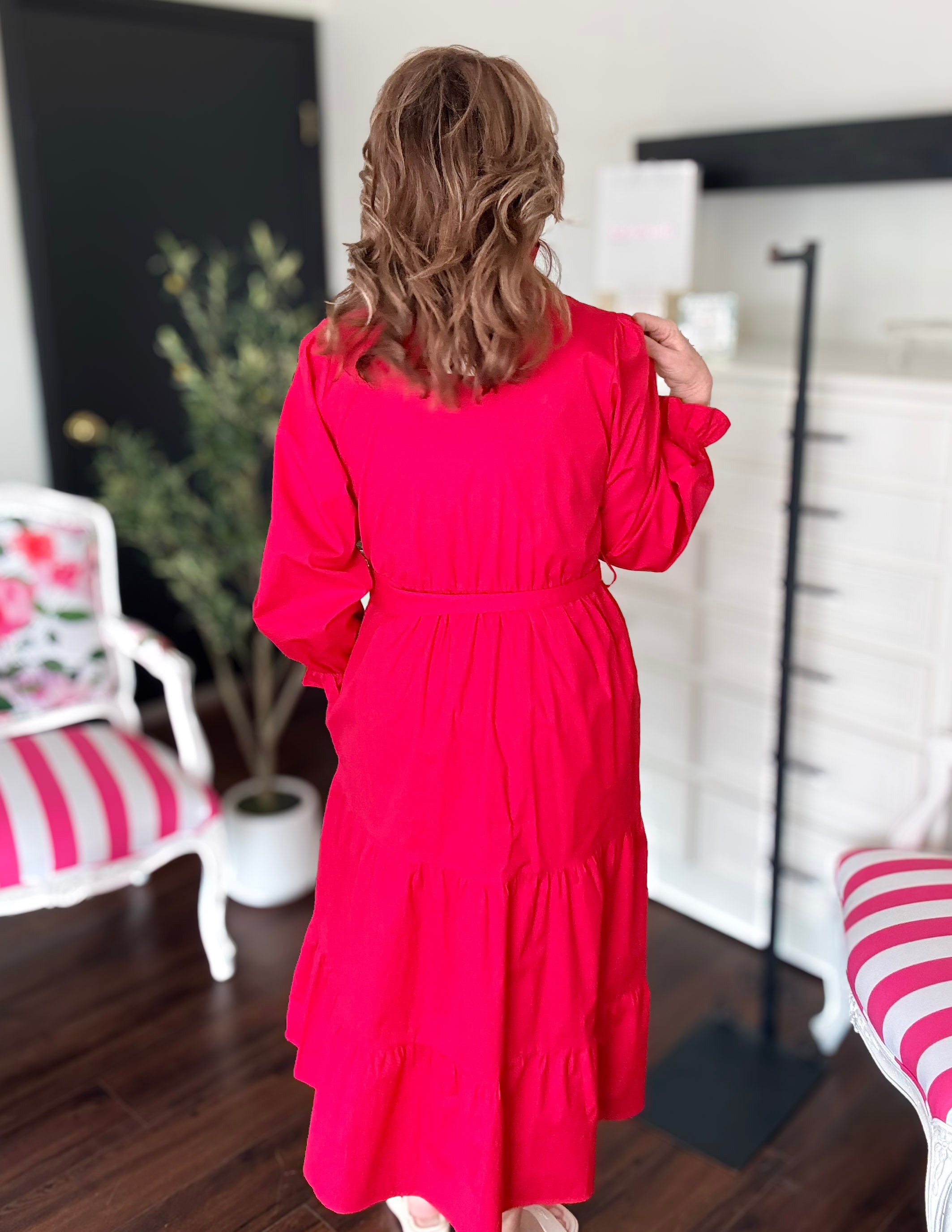 Tiered Solid Midi Dress-Red