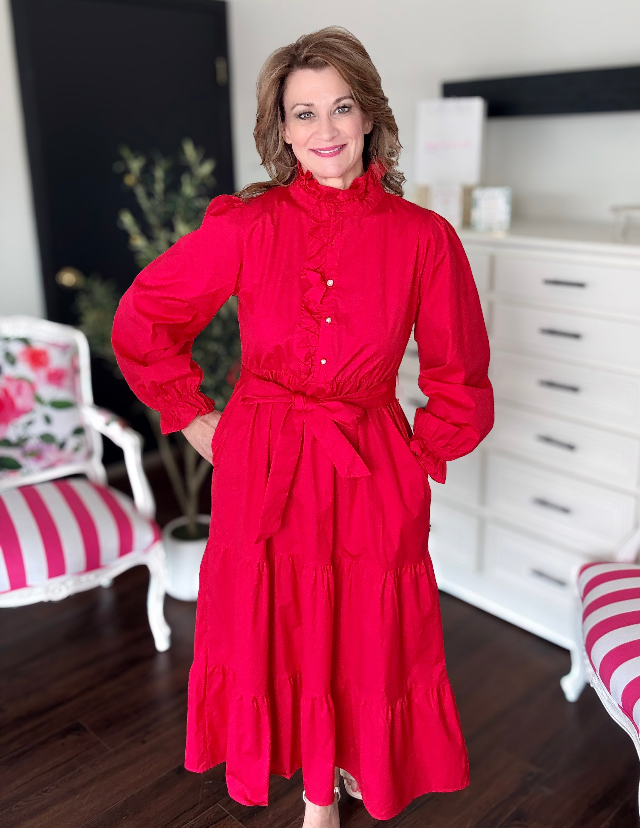 Tiered Solid Midi Dress-Red