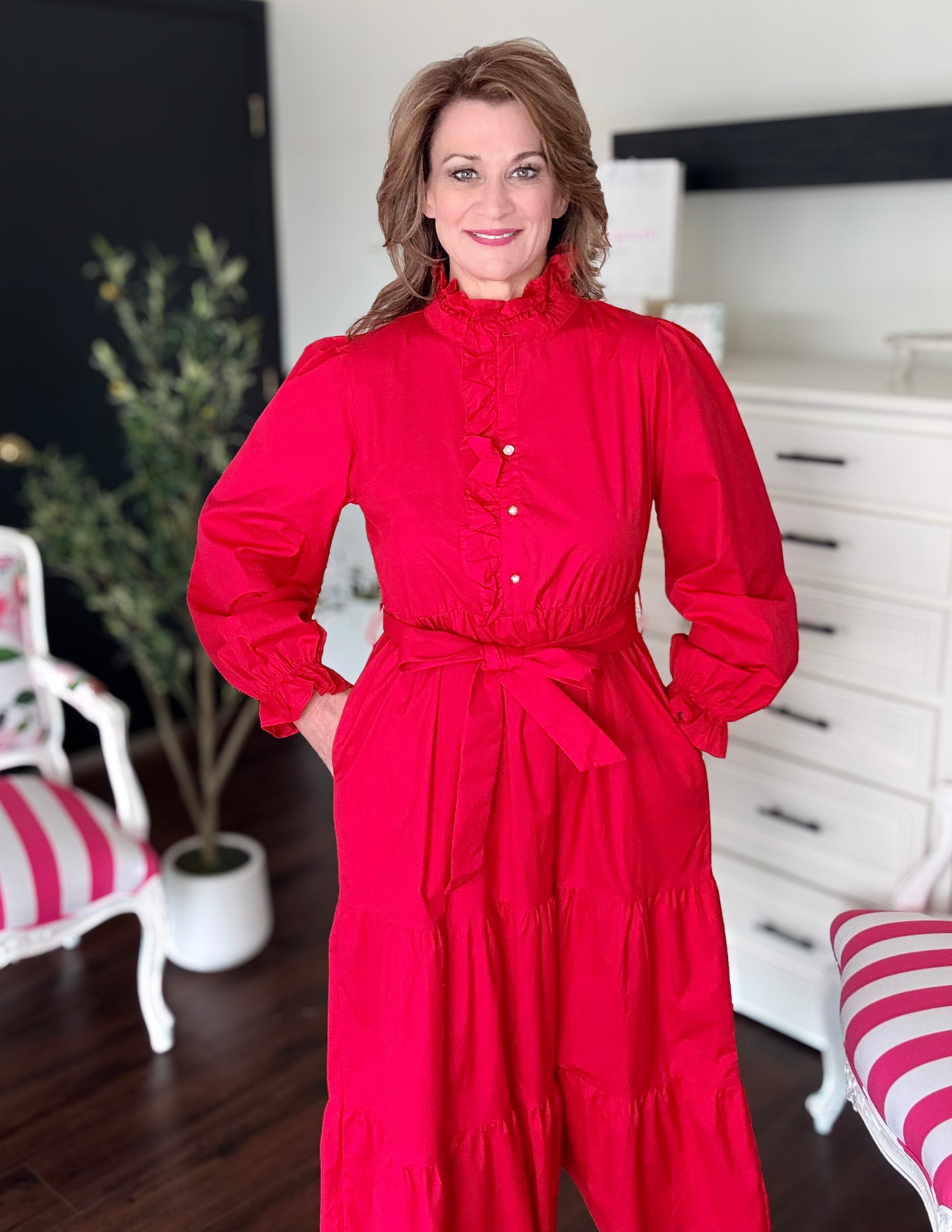 Tiered Solid Midi Dress-Red