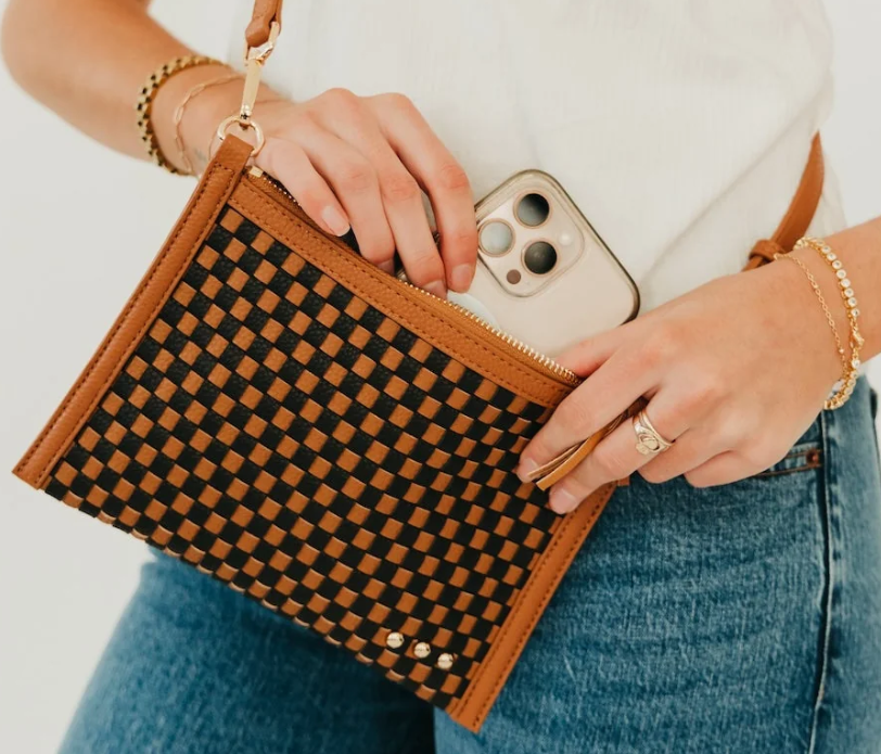 Veda Woven Crossbody & Clutch Bag- Checkered Coffee