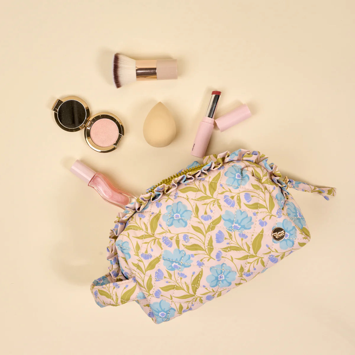 Essentials Quilted Cosmetic Pouch - Poppin' Petals Aqua