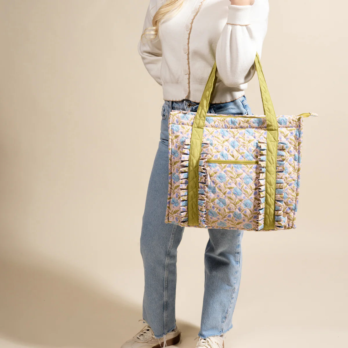 The Everyday Quilted Tote Bag - Poppin' Petals Aqua