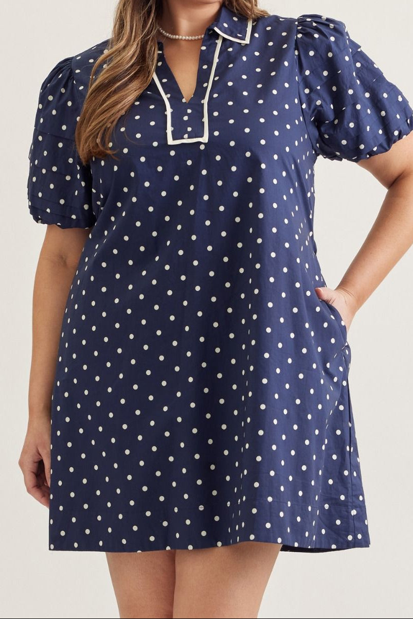 [Plus Size] Melody Polka Dot Puff Sleeve Dress - Navy