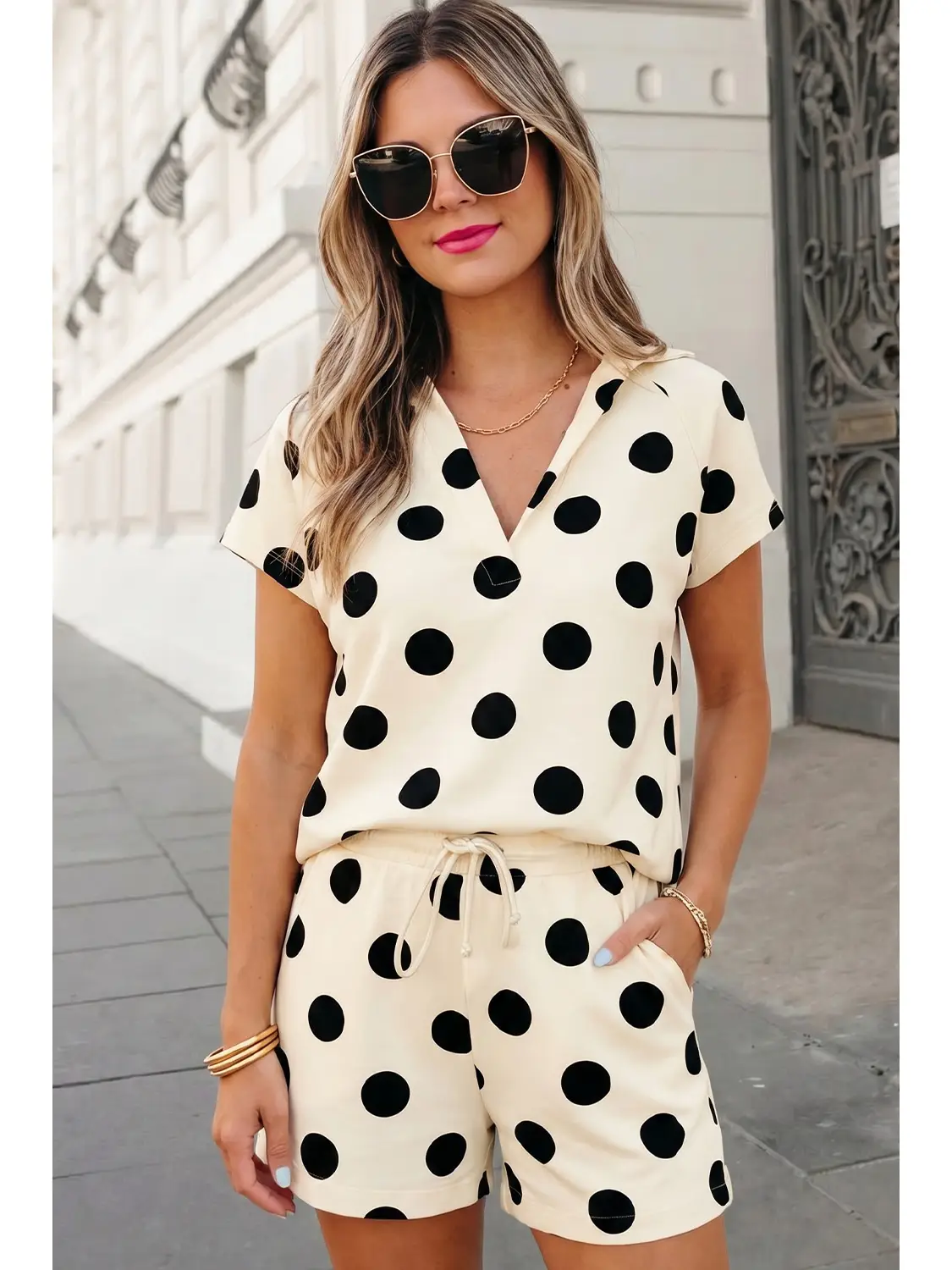 Polka Dot V Neck Shorts Set - White