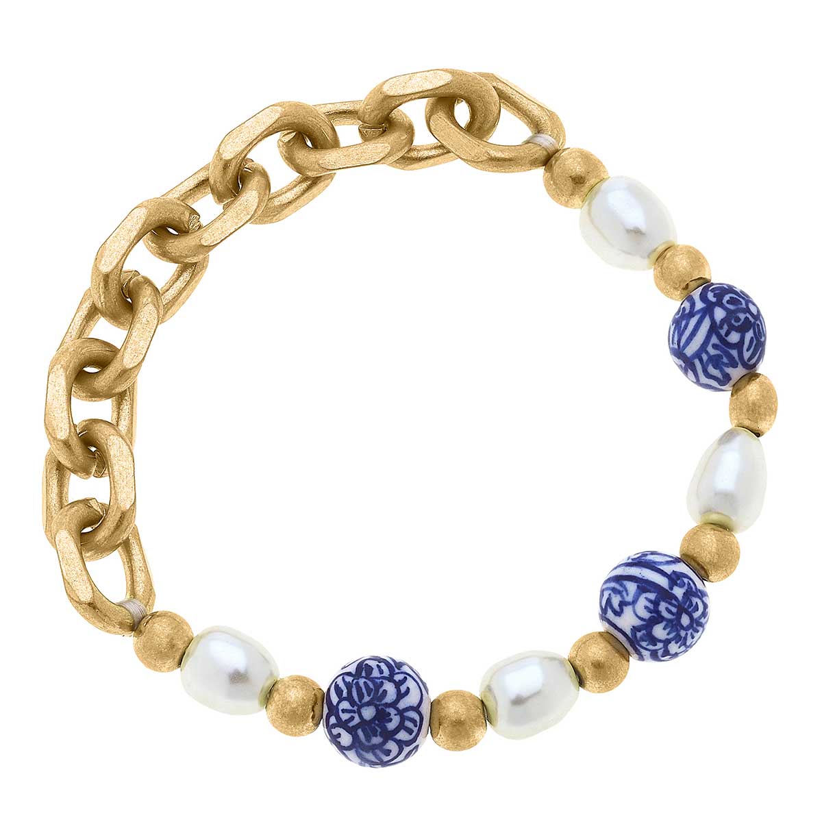 Loraine Chinoiserie & Pearl Chunky Chain Bracelet in Blue & White