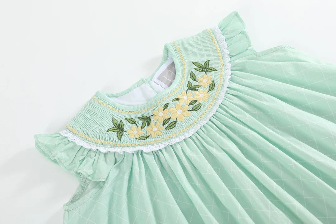 Aqua Daisy Smocked Bishop Dress