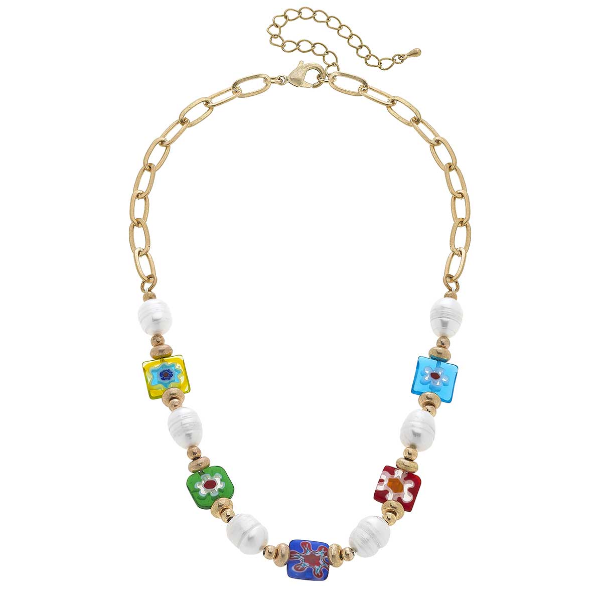 Millefiori Glass & Freshwater Pearl Paper Clip Chain Necklace in Multi