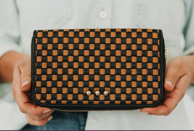 Lenni Large Zip Woven Wallet- Checkered Coffee