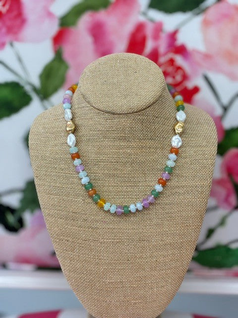 Brenna Beaded Pearl and Gold Necklace-Pastel Mix
