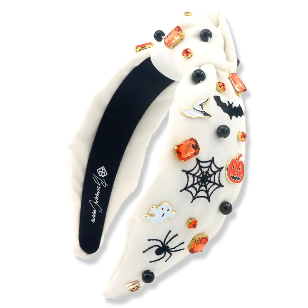 [Brianna Cannon] ADULT SIZE WHITE HEADBAND WITH HALLOWEEN EMBROIDERY, CHARMS & CRYSTALS