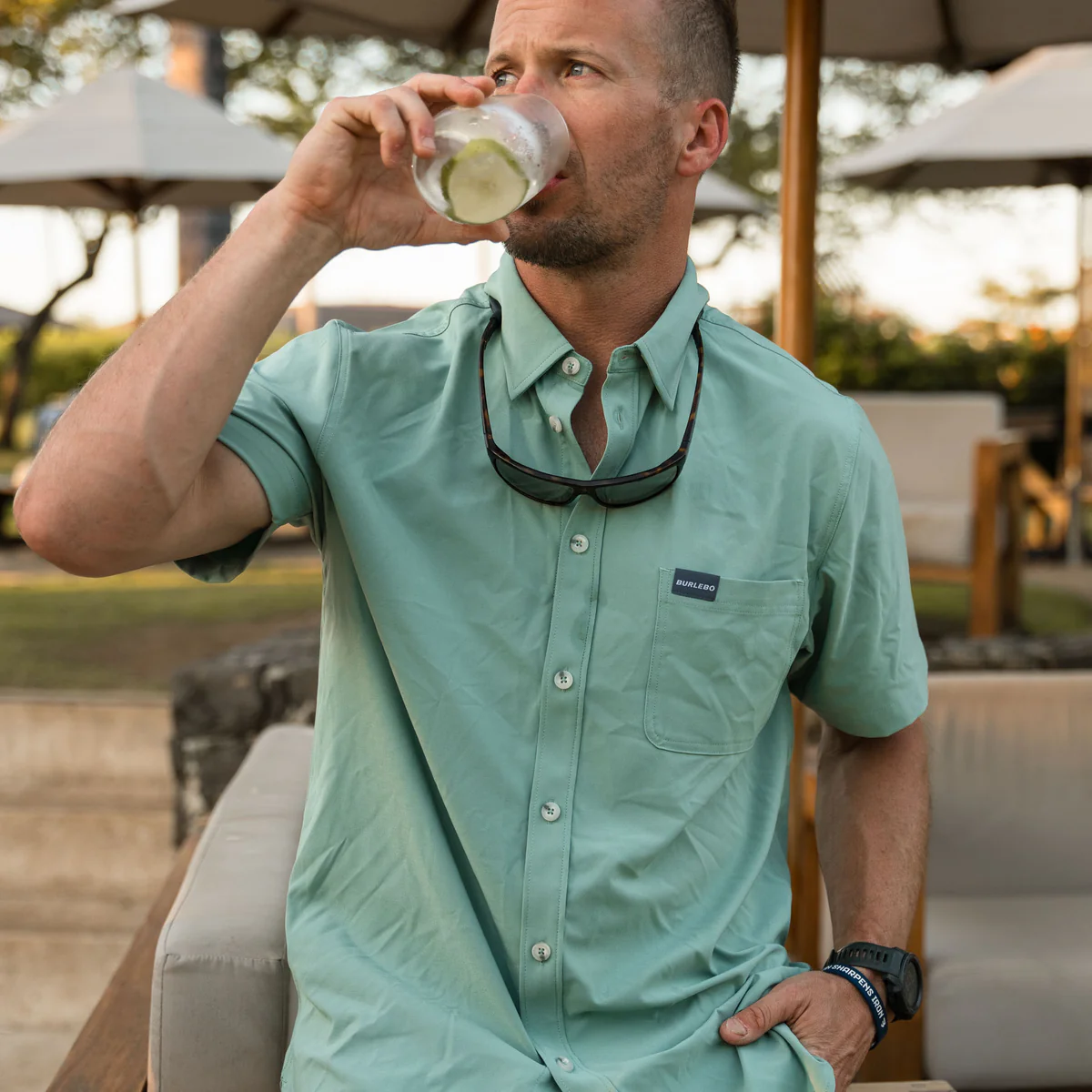 [Burlebo] Performance Button Up - Ocean Swell