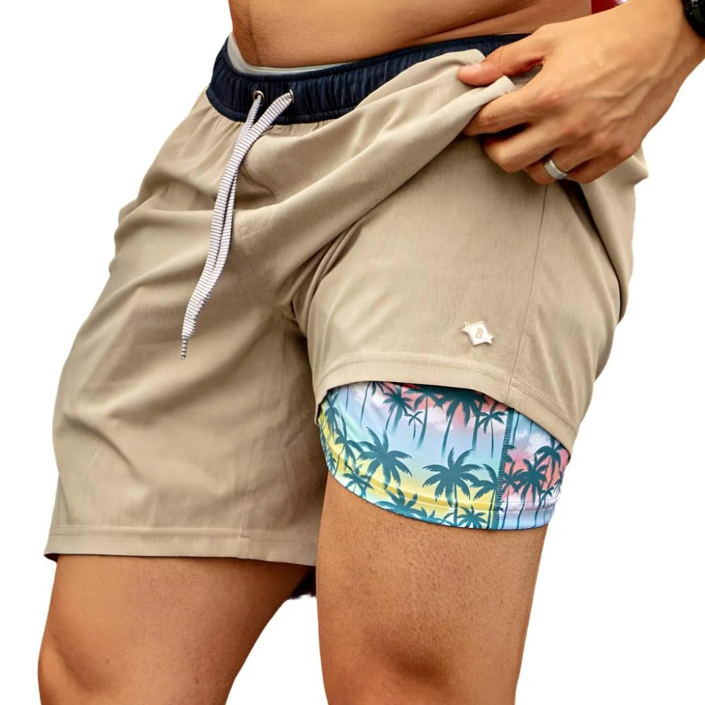 [Burlebo] Athletic Shorts Heather Khaki - Palm Tree Liner