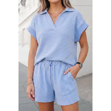 Stripe Polo Shirt & Drawstring Shorts Set-Blue and White