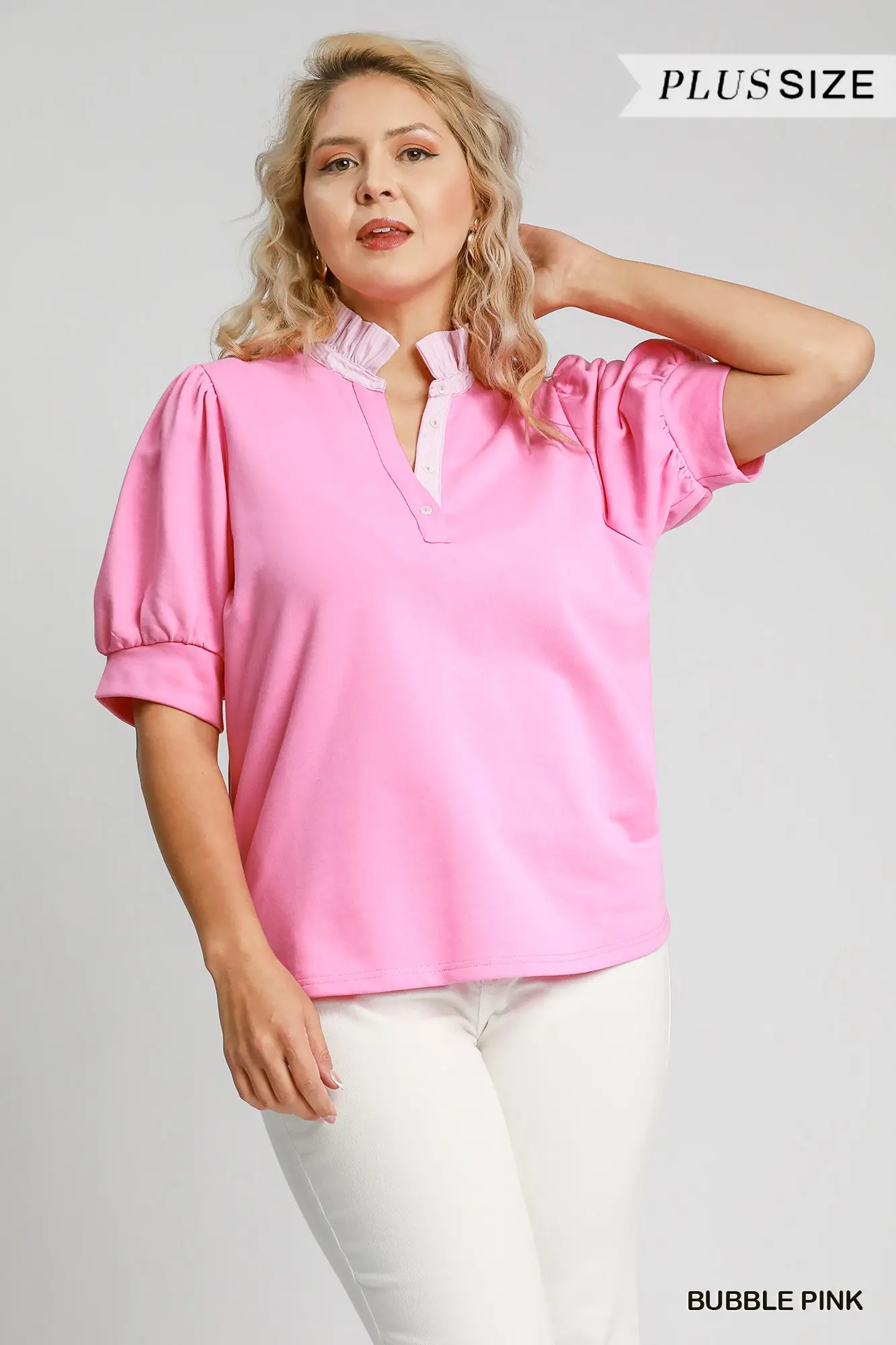 Plus - Amelia Ruffle Neck Top - Bubble Pink