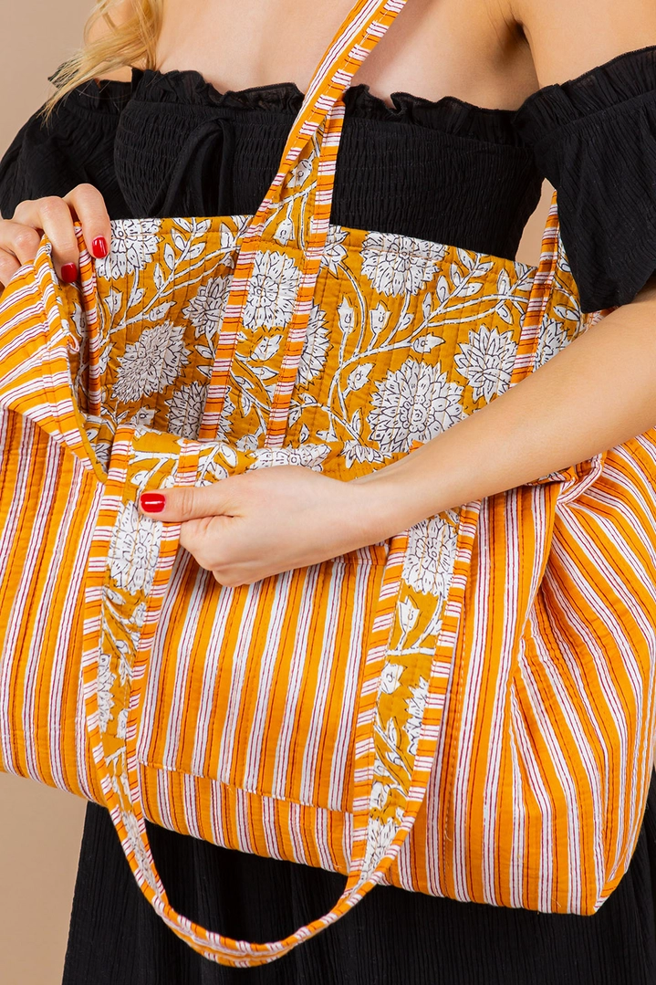 Yellow Printed Quilted Reversible Tote