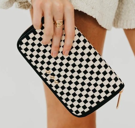 Lenni Large Zip Woven Wallet- Checkered Black