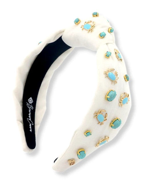 White Twill Headband with Turquoise and Gold Crabs