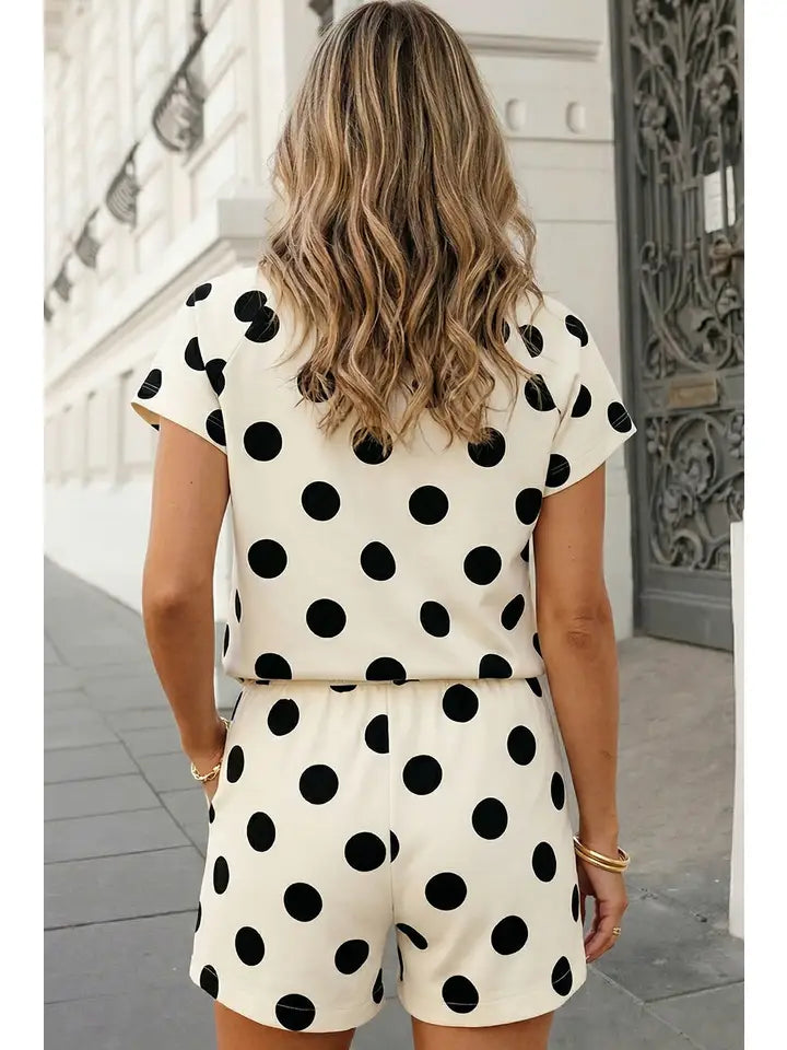 Polka Dot V Neck Shorts Set - White