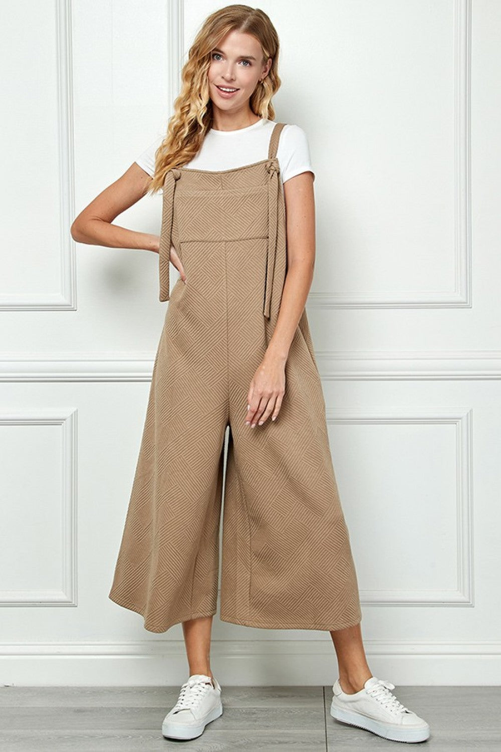 Textured Cropped Overall-Tan