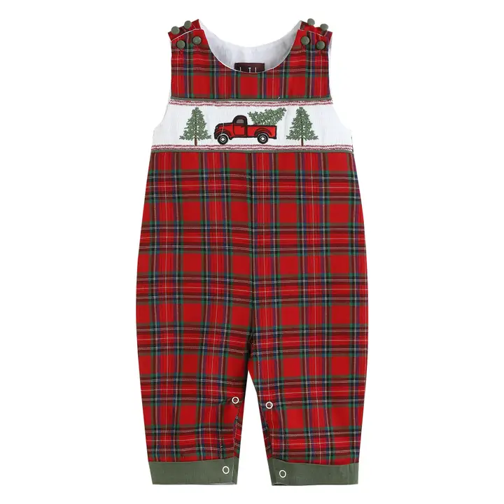 Red Plaid Smocked Overalls