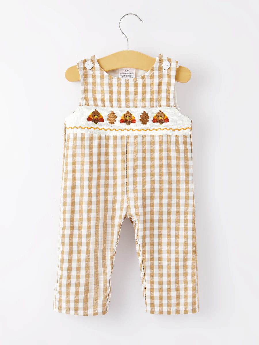 Boys Thanksgiving Brown Plaid Romper