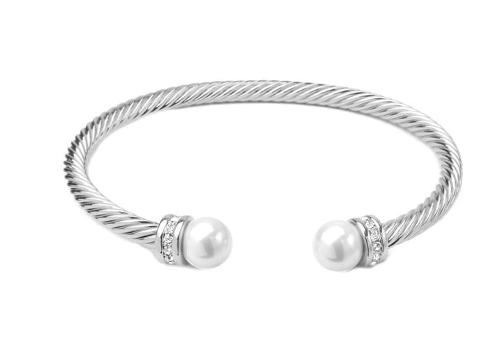 Silver Twisted Cable Pearl Cuff Bracelet