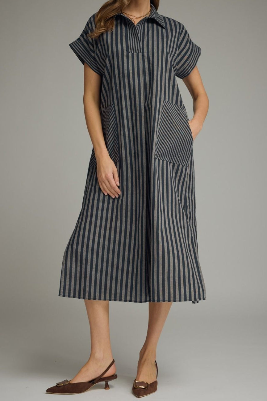 Easy Fall Stripe Dress - Dark Navy