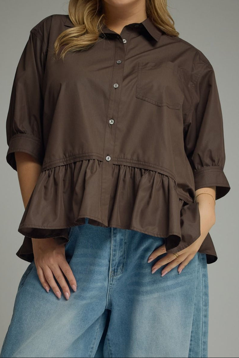 [Plus] Ruffle Hem Classic Top - Brown