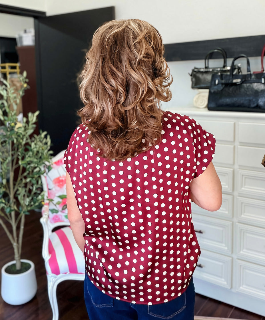 Short Sleeve Polka Dot Blouse-Wine