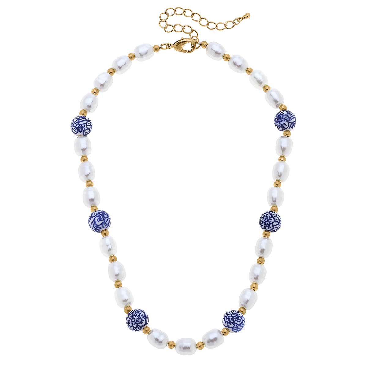 Loraine Chinoiserie & Pearl Beaded Necklace in Blue & White