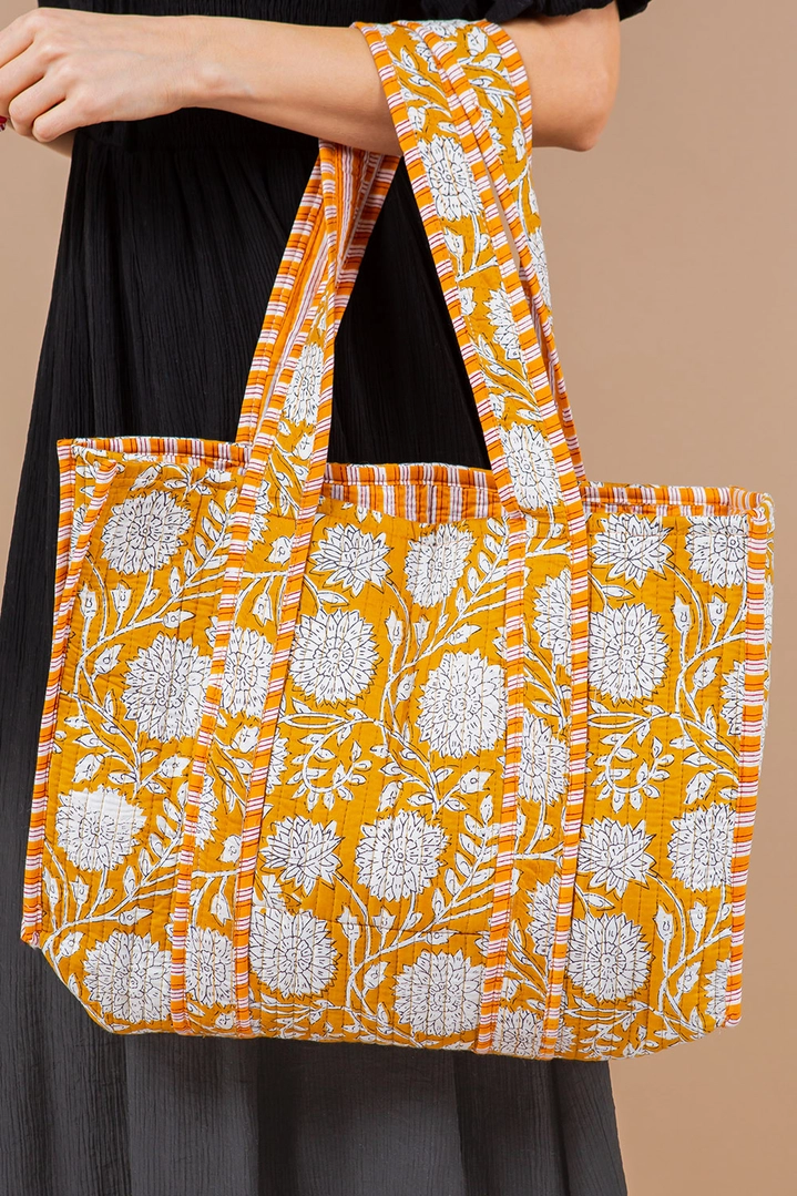 Yellow Printed Quilted Reversible Tote