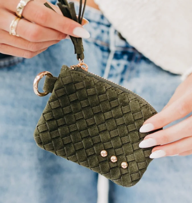Suede Paris Card Wallet- Suede Olive