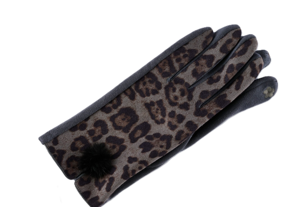 Gloves- Leopard Print With Fur Ball- Gray