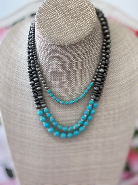 Western Tri Layer Silver & Turquoise Colored Necklace -22"