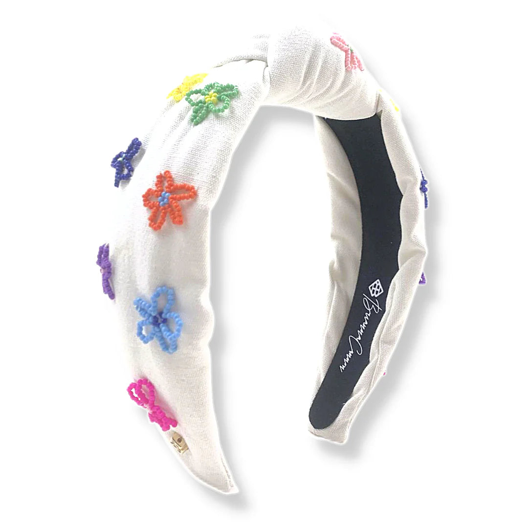 [Brianna Cannon] White Headband-Multi Colored Beaded Flowers