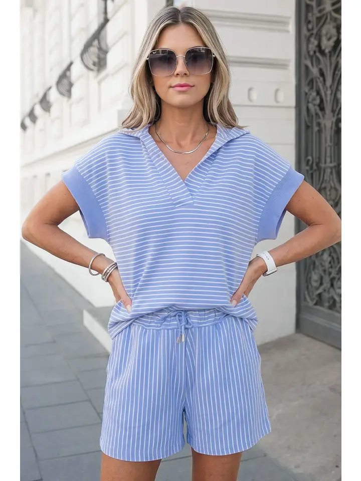 Stripe Polo Shirt & Drawstring Shorts Set-Blue and White