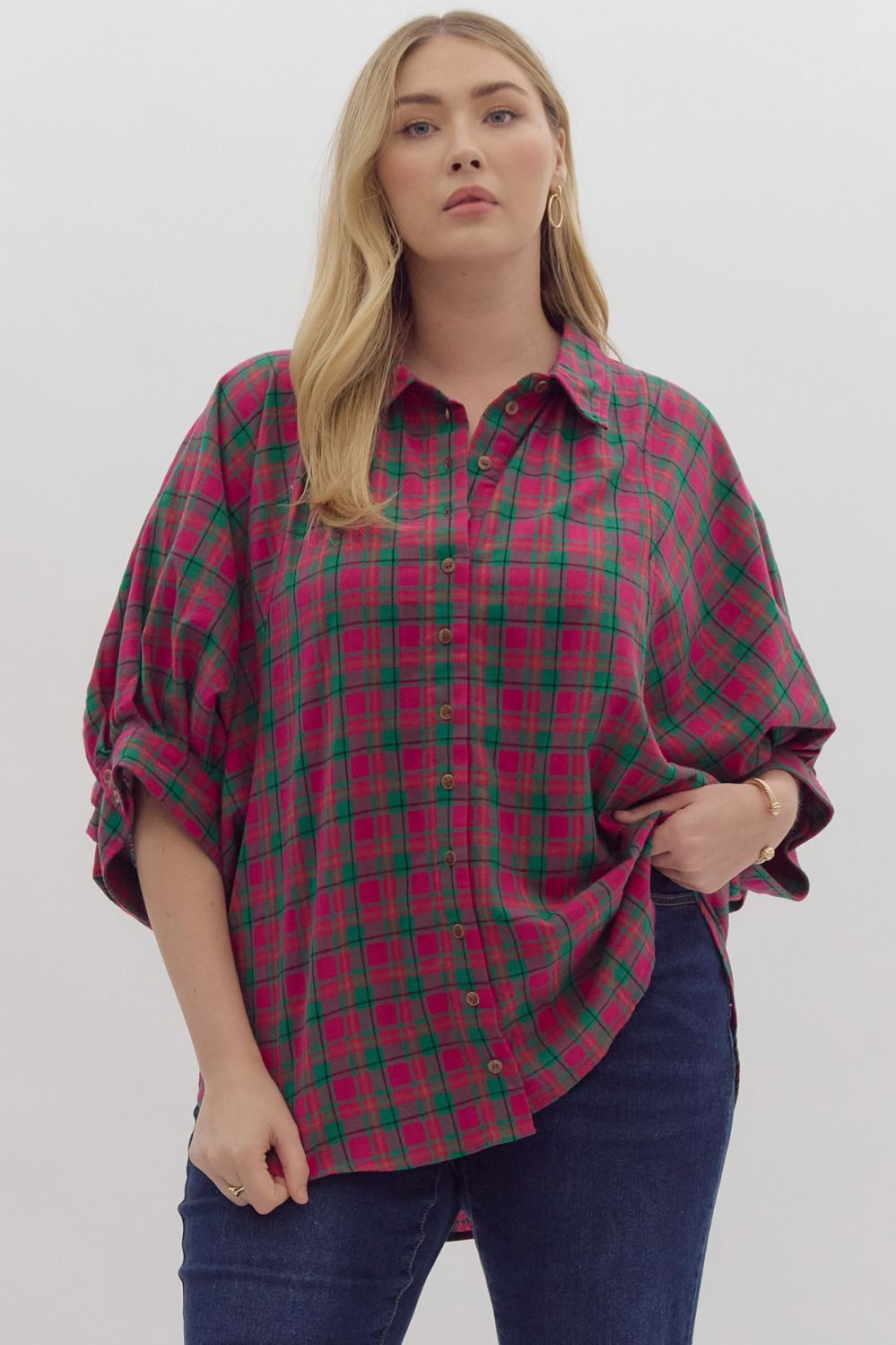 [Entro] Plaid Wonderer Button Up Top Plus