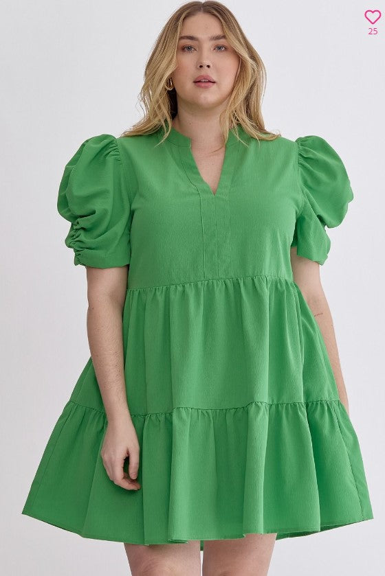 [entro] Puff Sleeve Tiered Dress-Green [Plus]