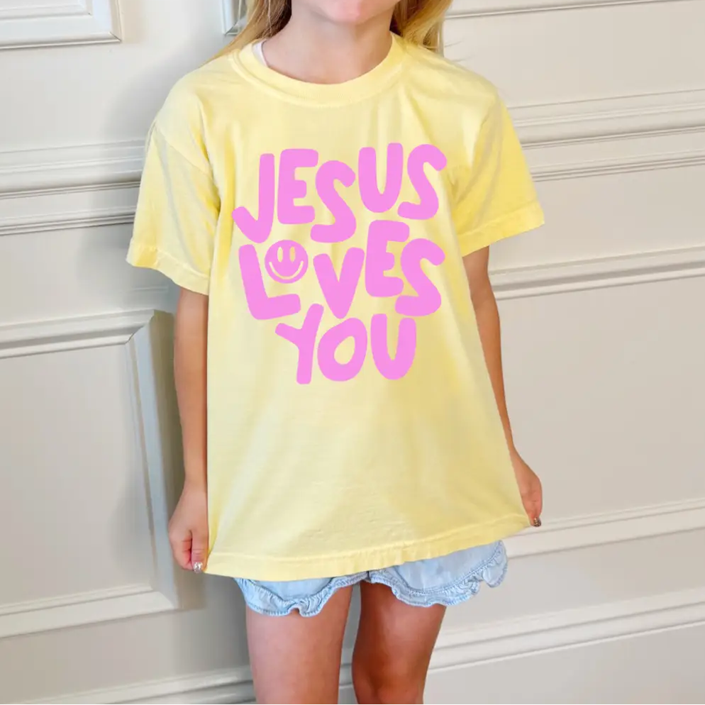 Smiley Jesus Loves You Puff Youth Tee - Butter