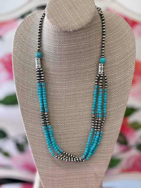 Western 4 Strand Turquoise & Silver Colored Necklace-30"