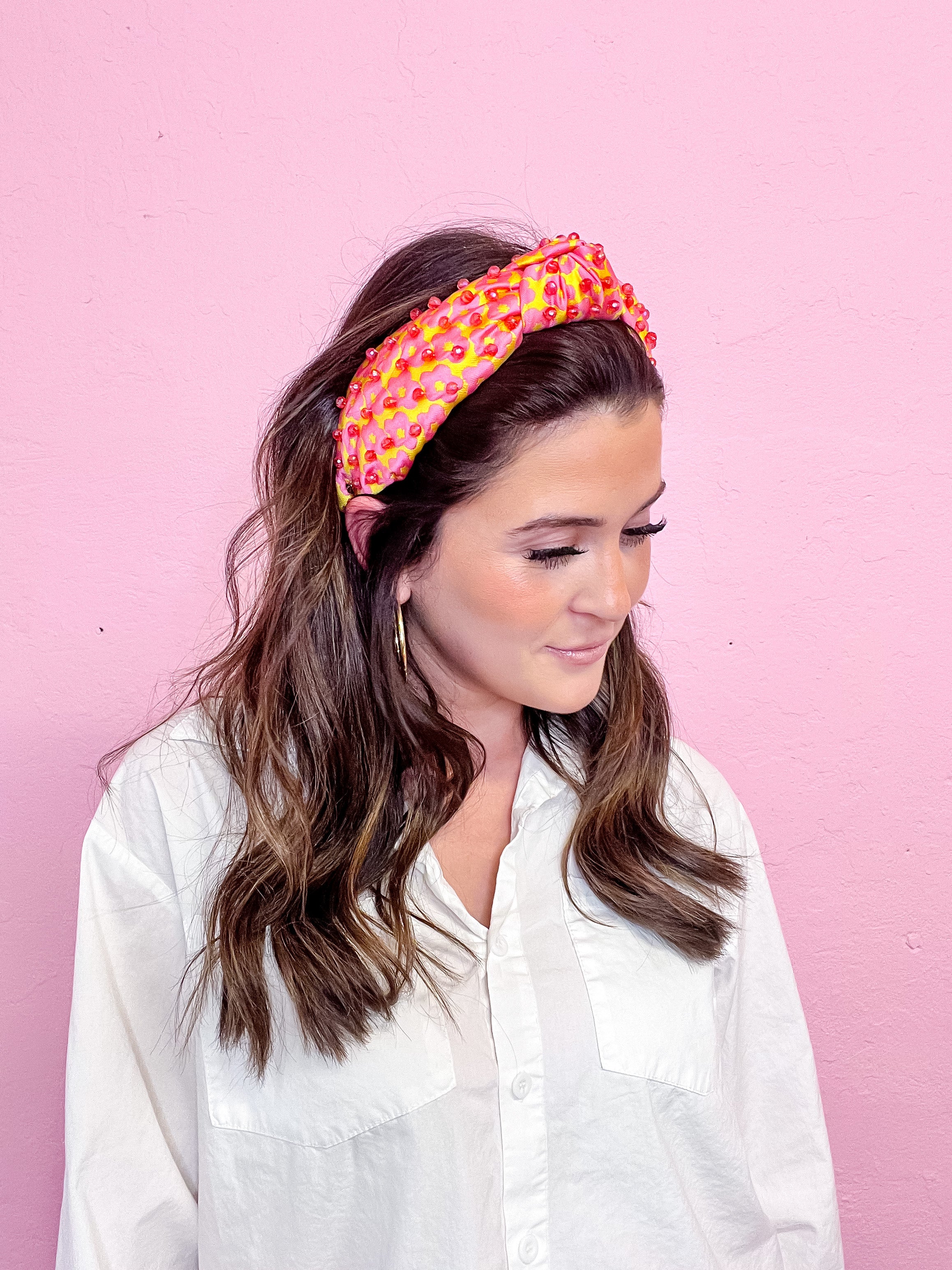 Pink and Yellow Flower Power Headband with Hand-Sewn Iridescent Beads