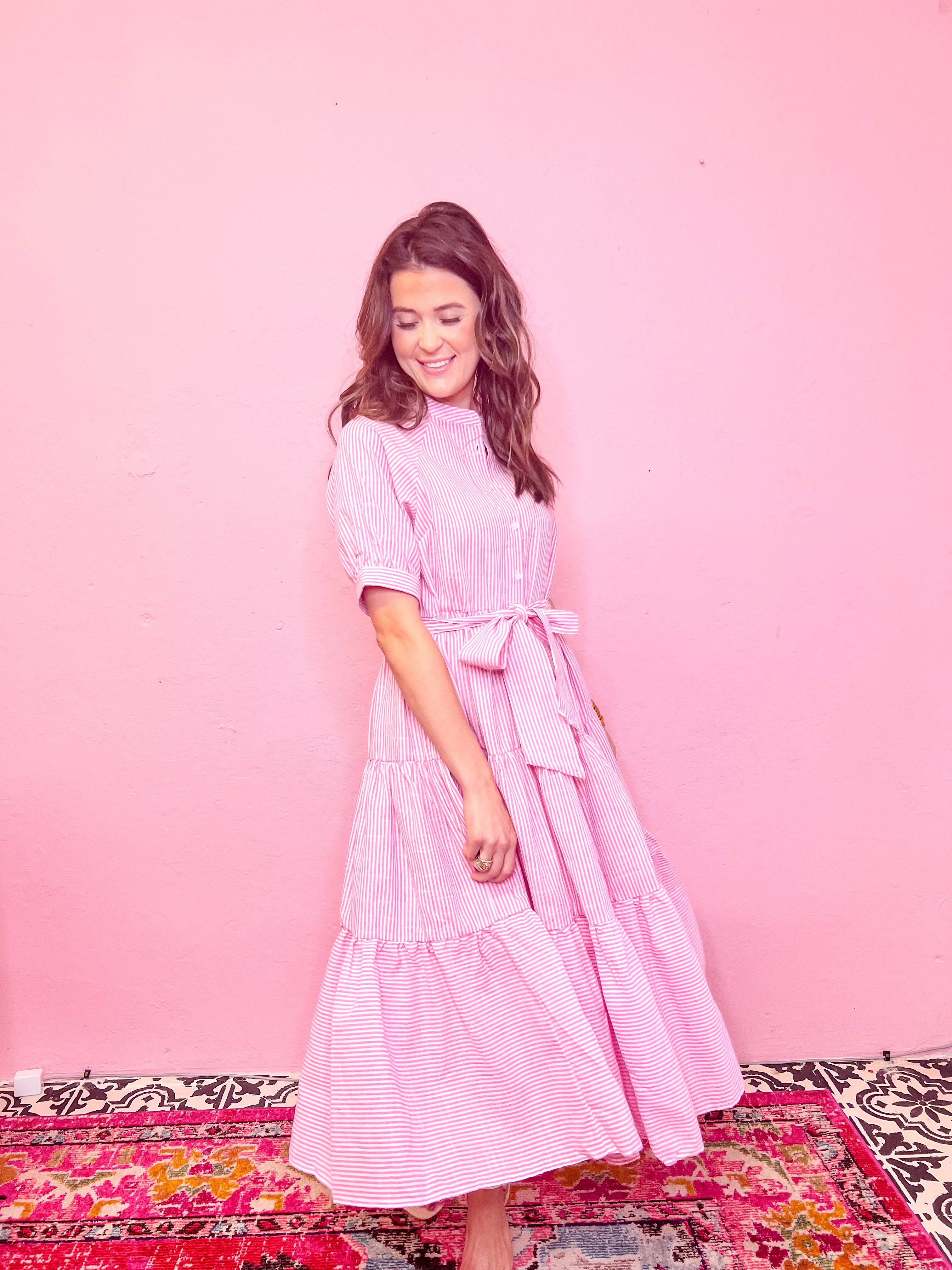 Elegant Seersucker Pink Midi Dress
