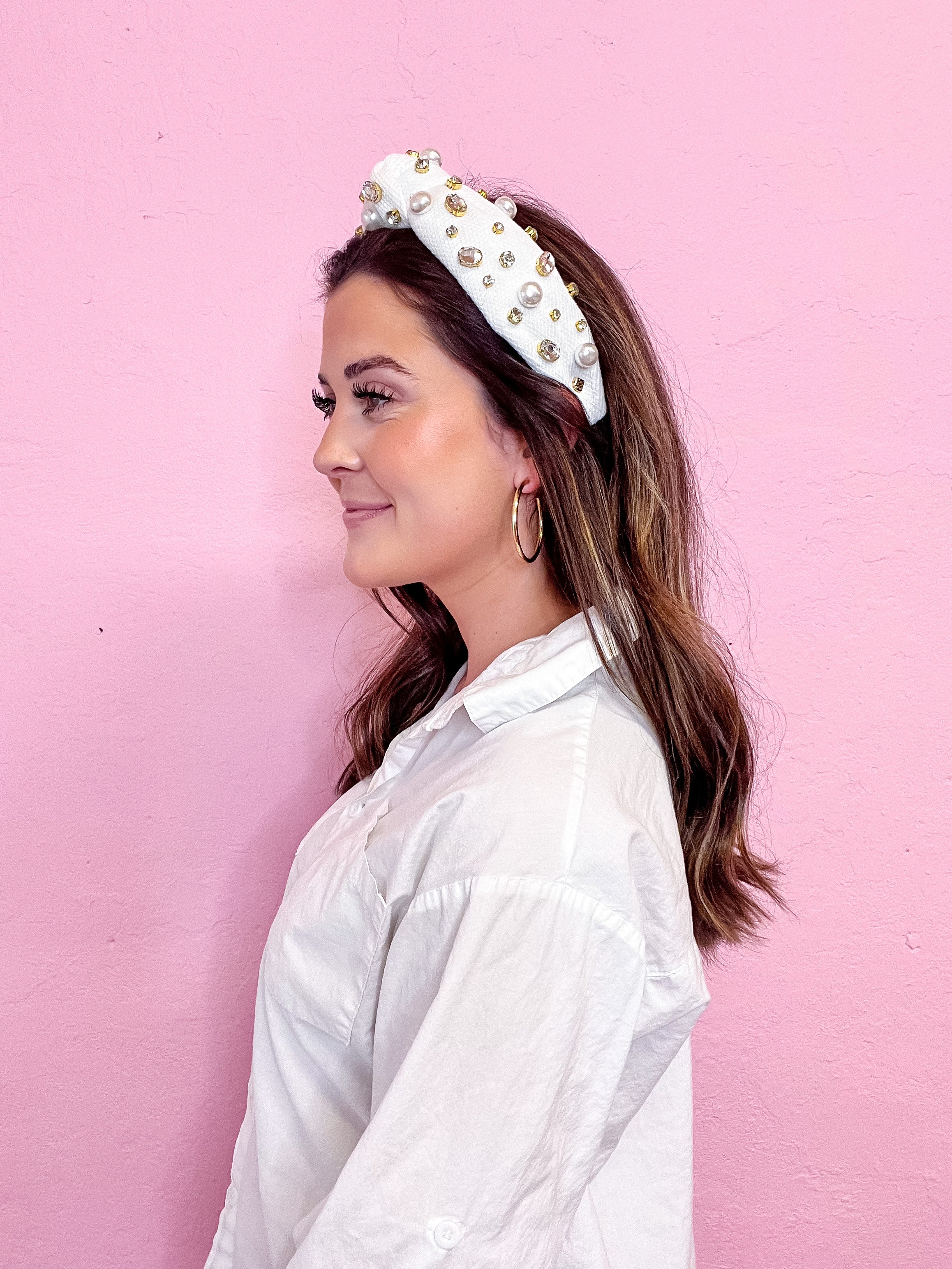 White Twill Headband With Large Crystals And Pearls