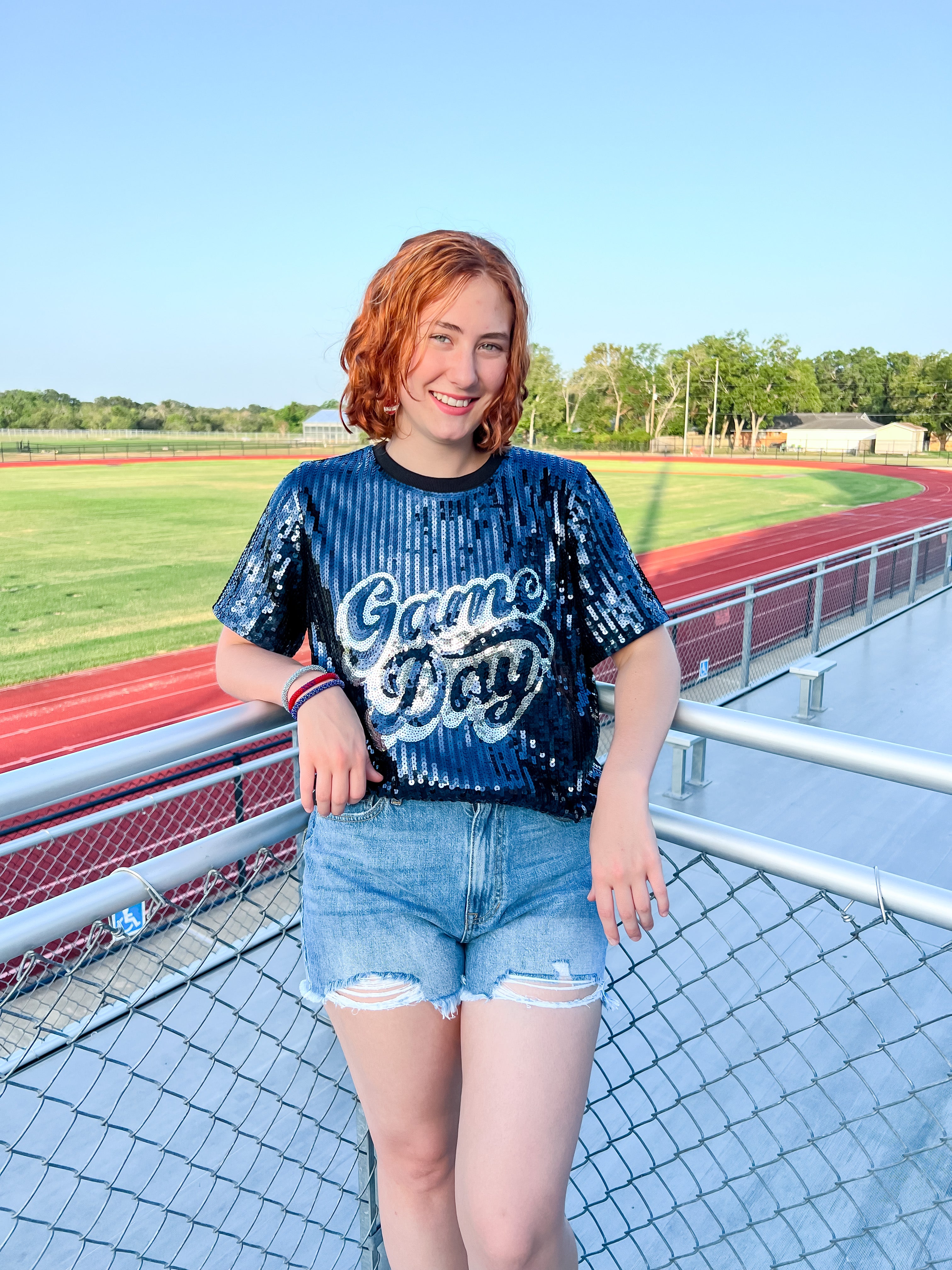 Game Day Sequin Top- Navy/Silver