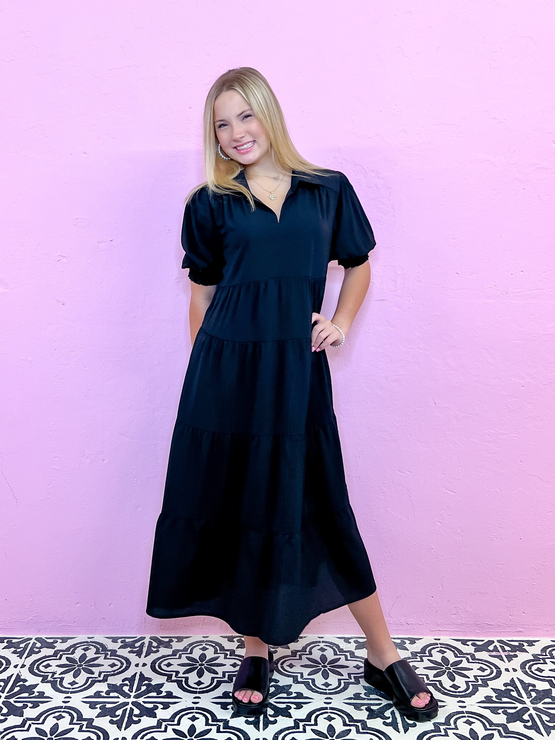 Charming Collared Tiered Maxi Dress-Black