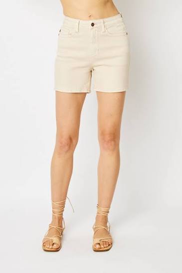 [Judy Blue] High Waisted Garment Dyed PKT Shorts-Bone