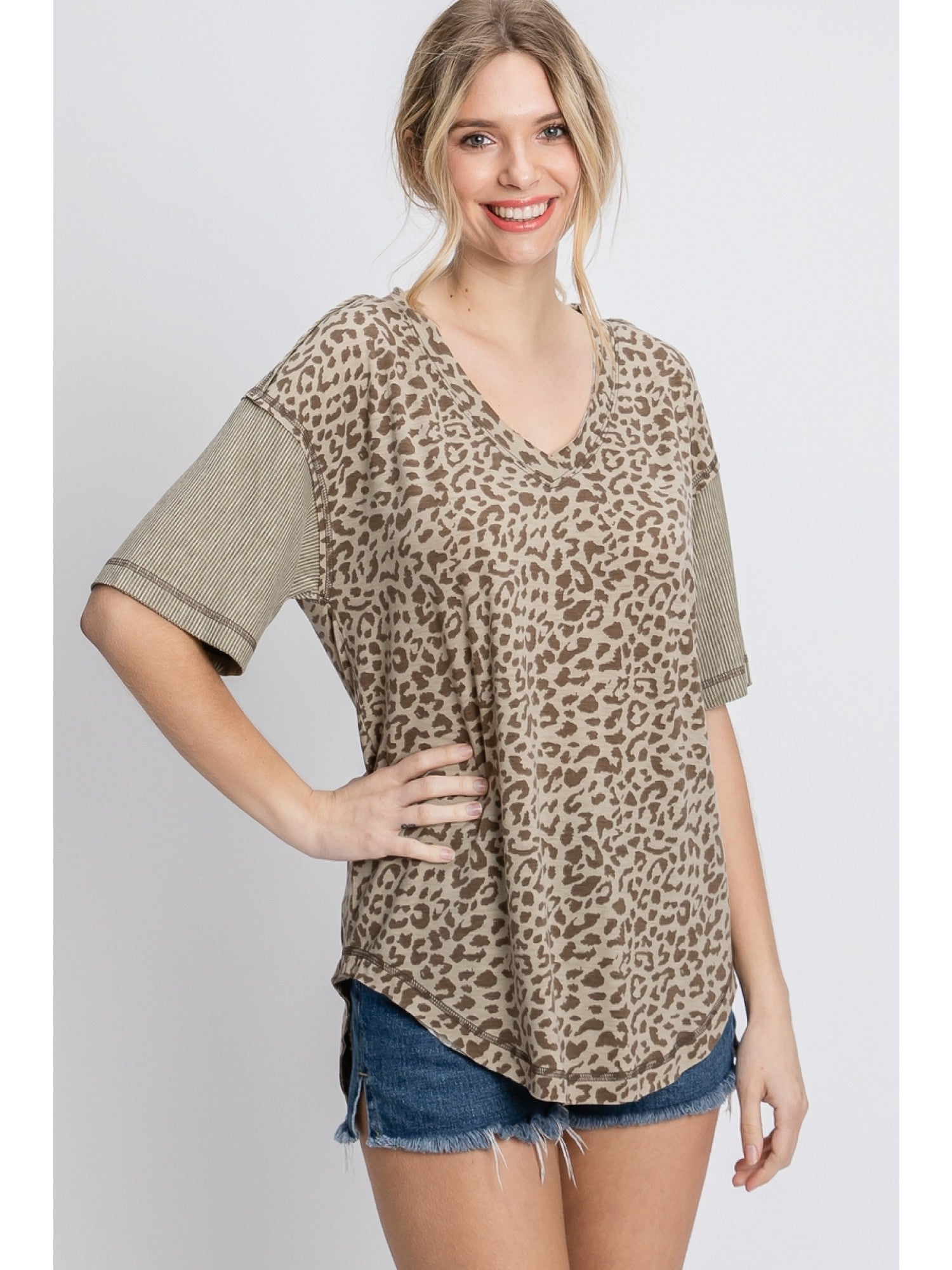 Leopard Top with Striped Slvs